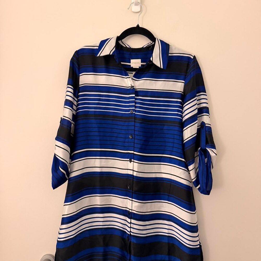 VINTAGE Chico's blue striped button up flowy shirt tunic Size 0